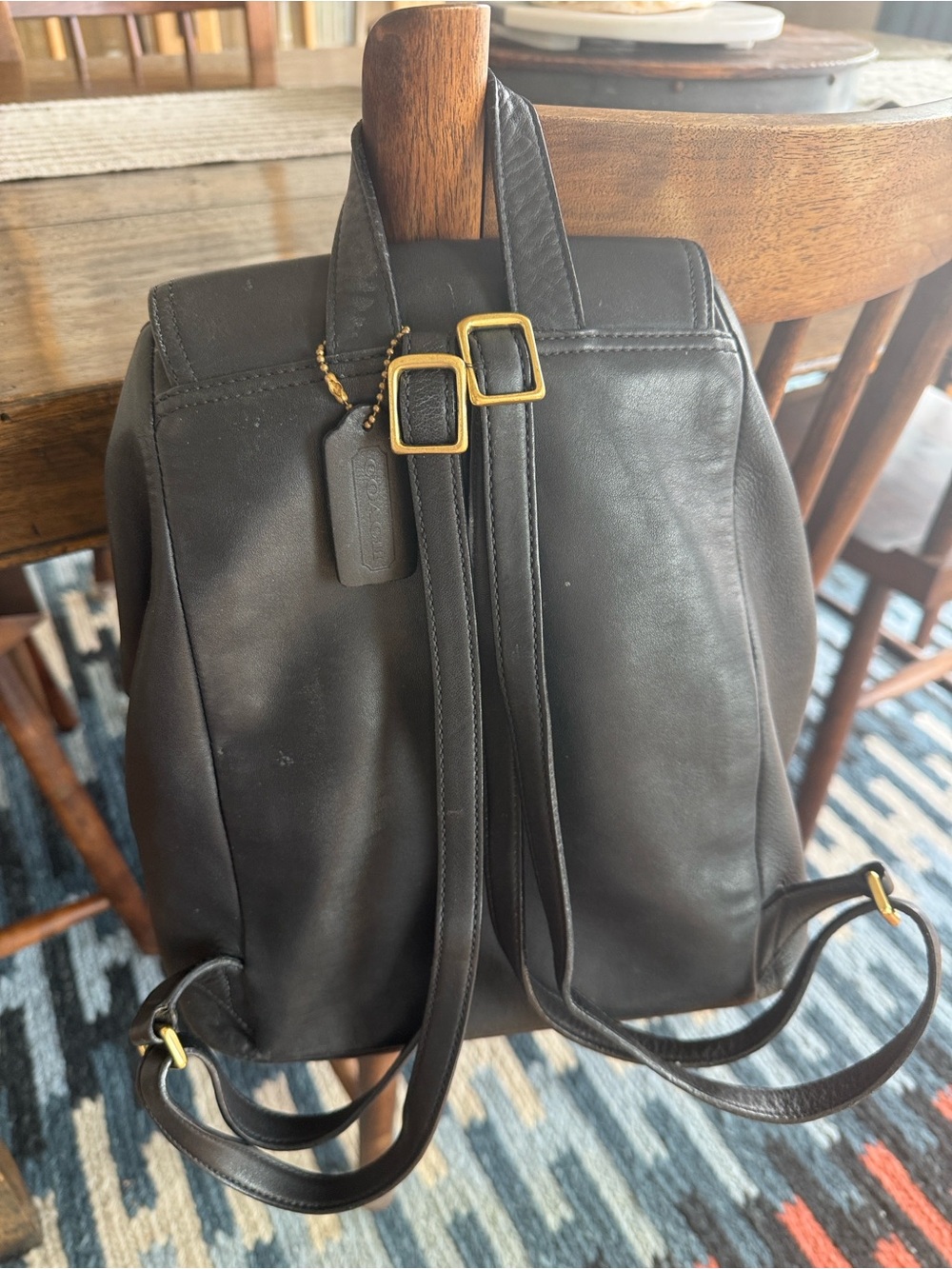 Coach Black Leather Flap Drawstring Backpack with Gold-Tone Hardware - Picture 5 of 6